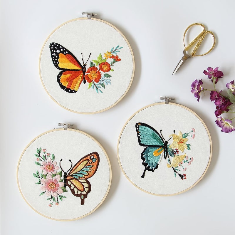 Bonroy 4 Sets Embroidery Set for Beginners, Art Craft, Easy Sewing, Includes Embroidery Clothing, Pattern, Embroidery Hoop, Instruction Manual, Colorful Thread Needles Set (Butterfly) - Image 4